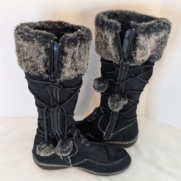 Cozy & Warm Black Faux Fur Topper Full Zipper With Pom Pom Laces Size 8 - Picture 7 of 7